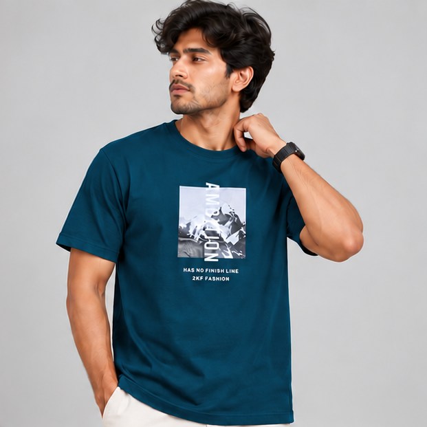 Crew Neck T-Shirt Cotton Peacock Green Printed