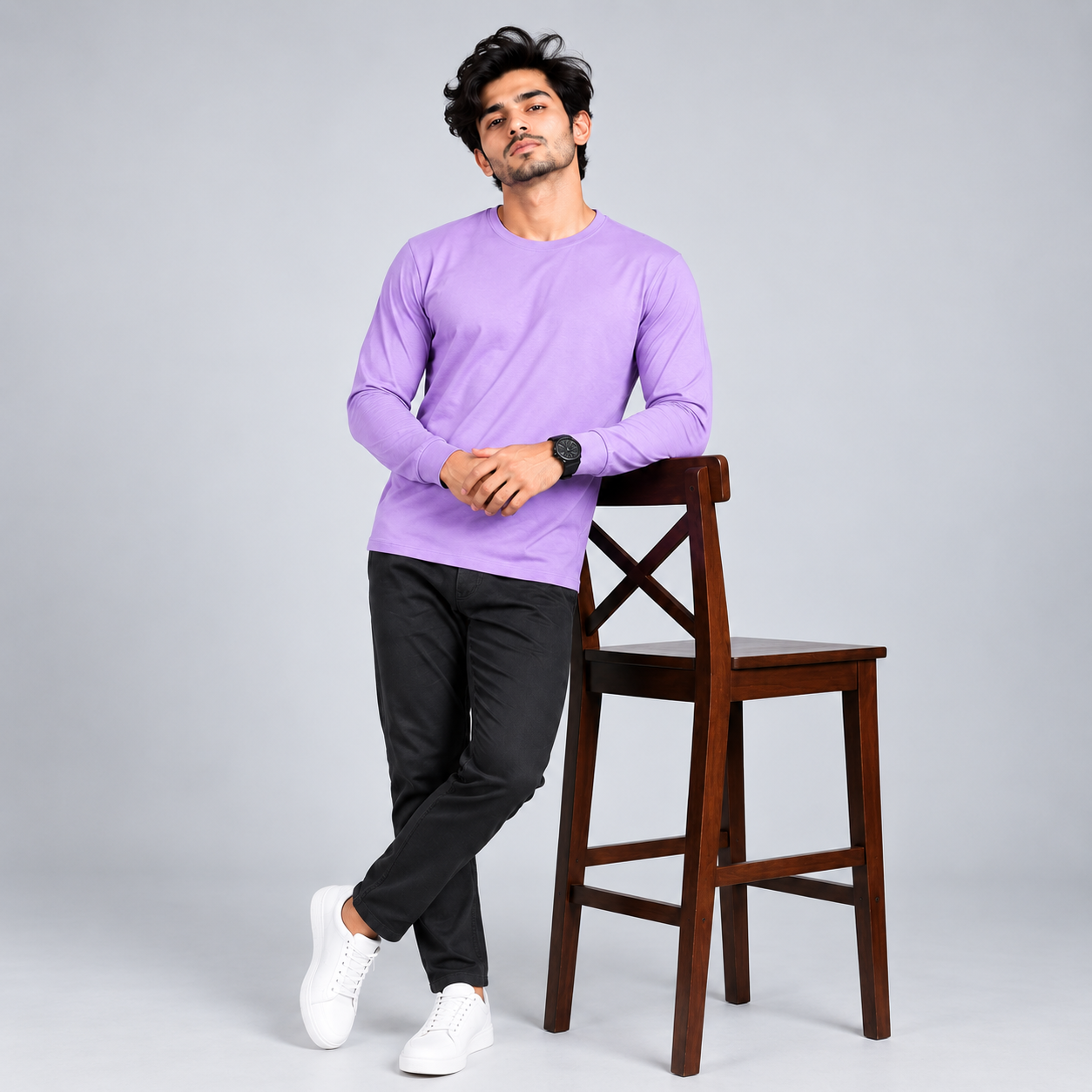 Crew Neck T-Shirt Full Sleeve Cotton Combo White , Baby Blue , Lavender