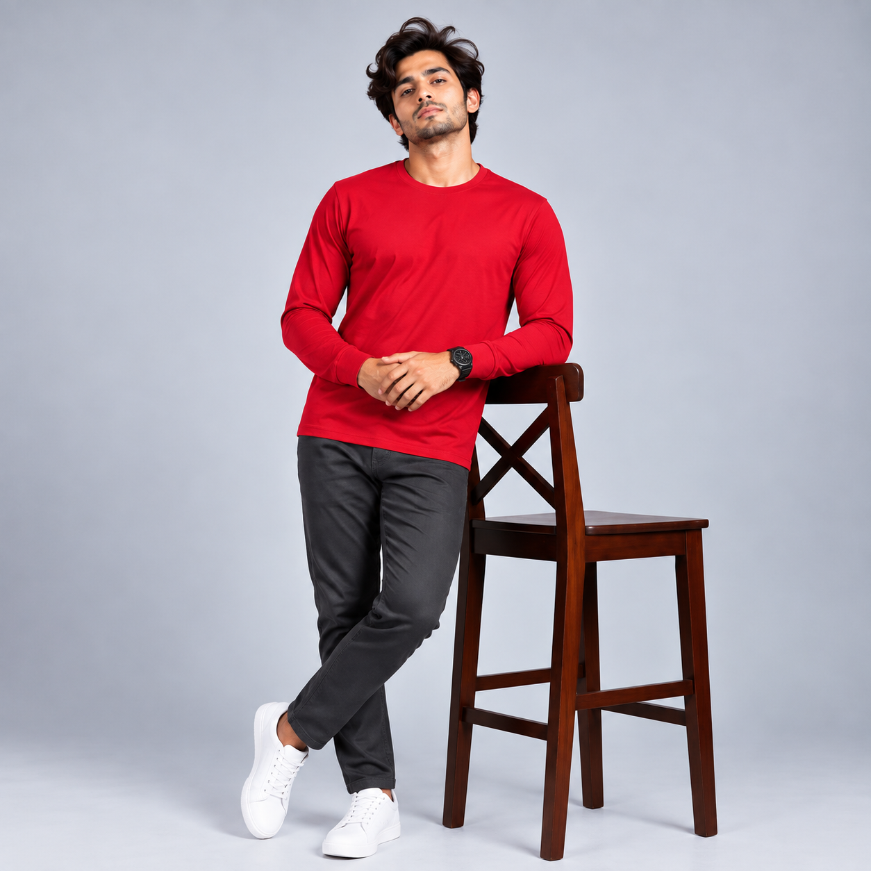 Crew Neck T-Shirt Full Sleeve Cotton Combo Diesel Blue , Red , Smoked Grey