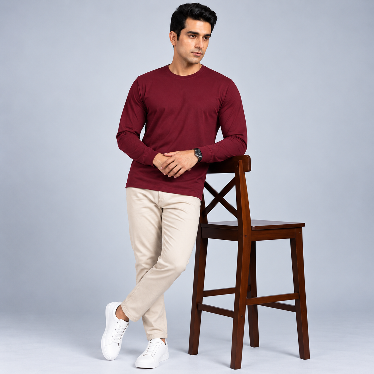 Crew Neck T-Shirt Full Sleeve Cotton Combo Maroon , Mustard Yellow  , Peacock Green Plain