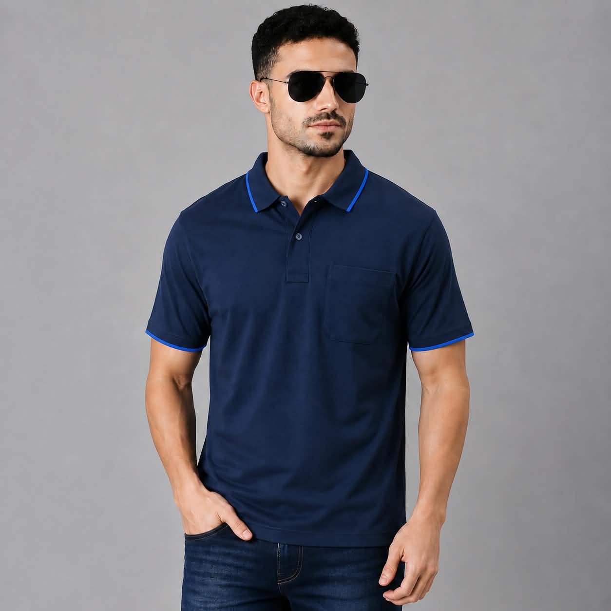 Polo Cotton Navy Blue with Pocket