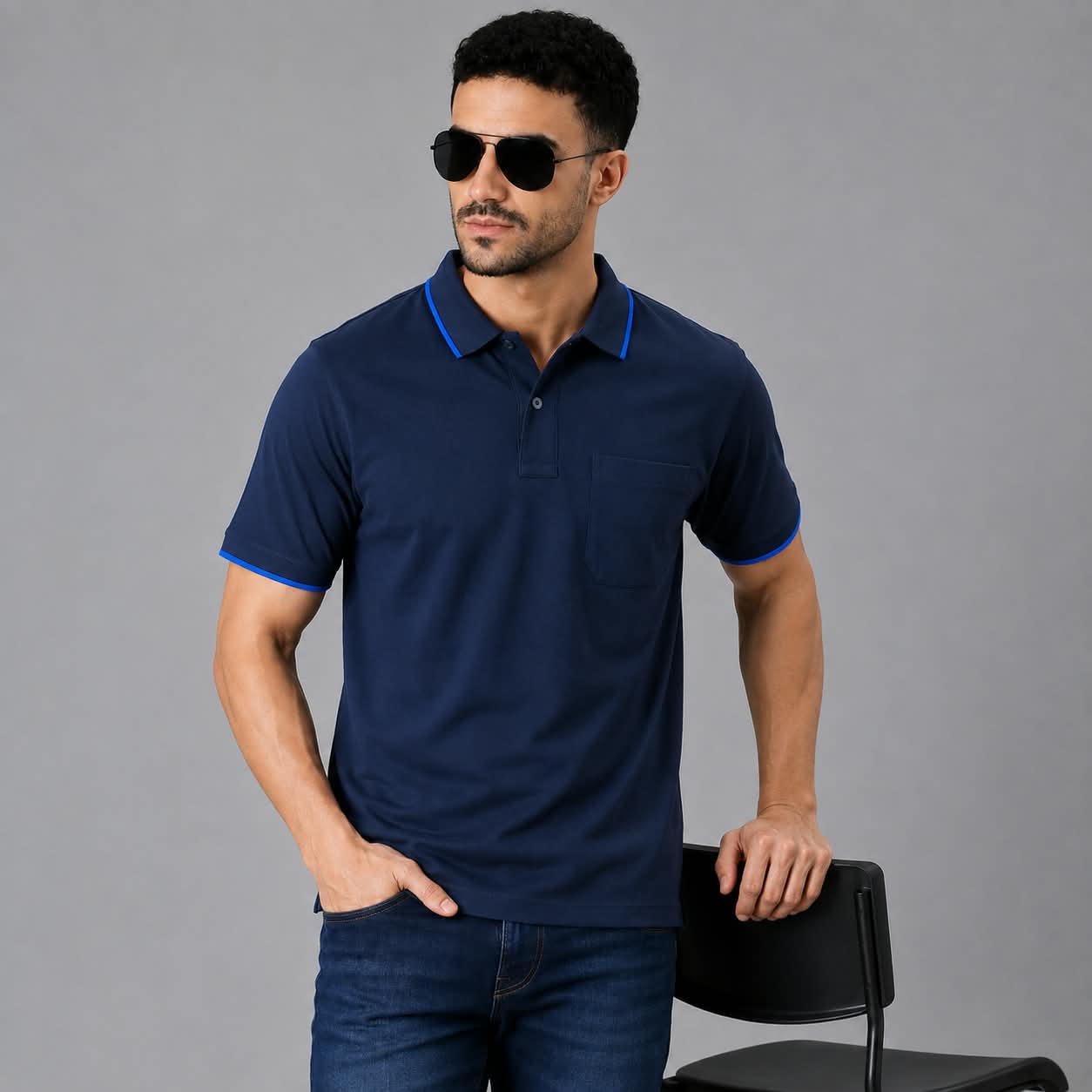 Polo Cotton Navy Blue with Pocket